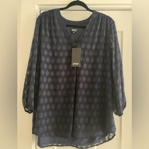 Jones New York Women’s Dress Blouse in Nazy Blue polka dots & sheer sleeves